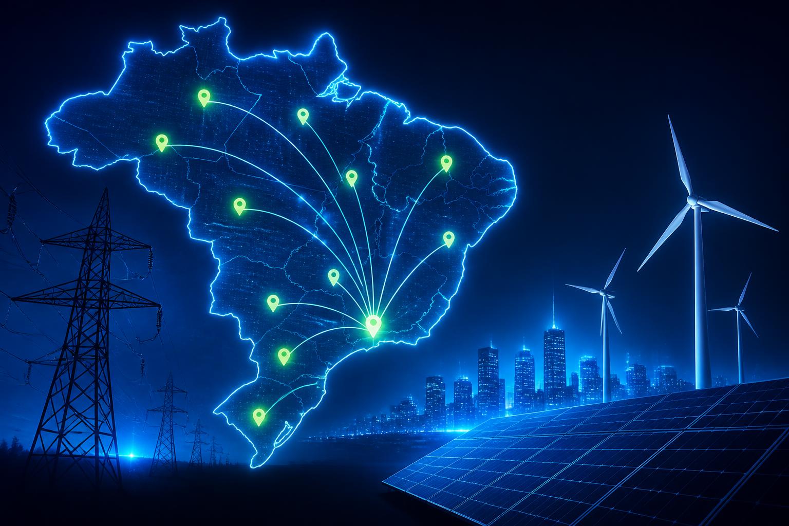 Mapa do Brasil iluminado com pontos de energia, torre de transmissão, turbinas eólicas e painéis solares
